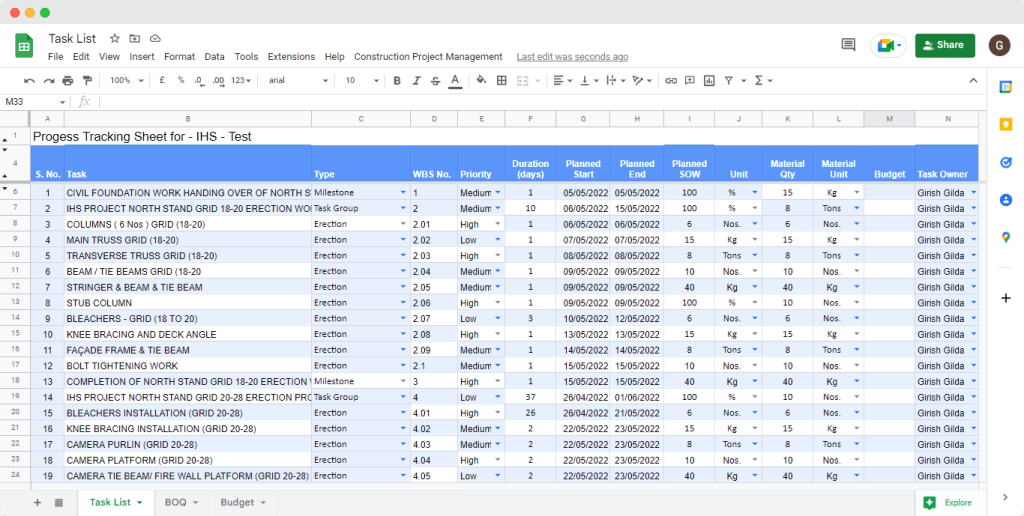 construction project tracker - spreadsheet module