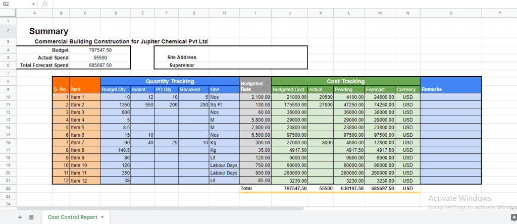 excel construction project cost control template - 1